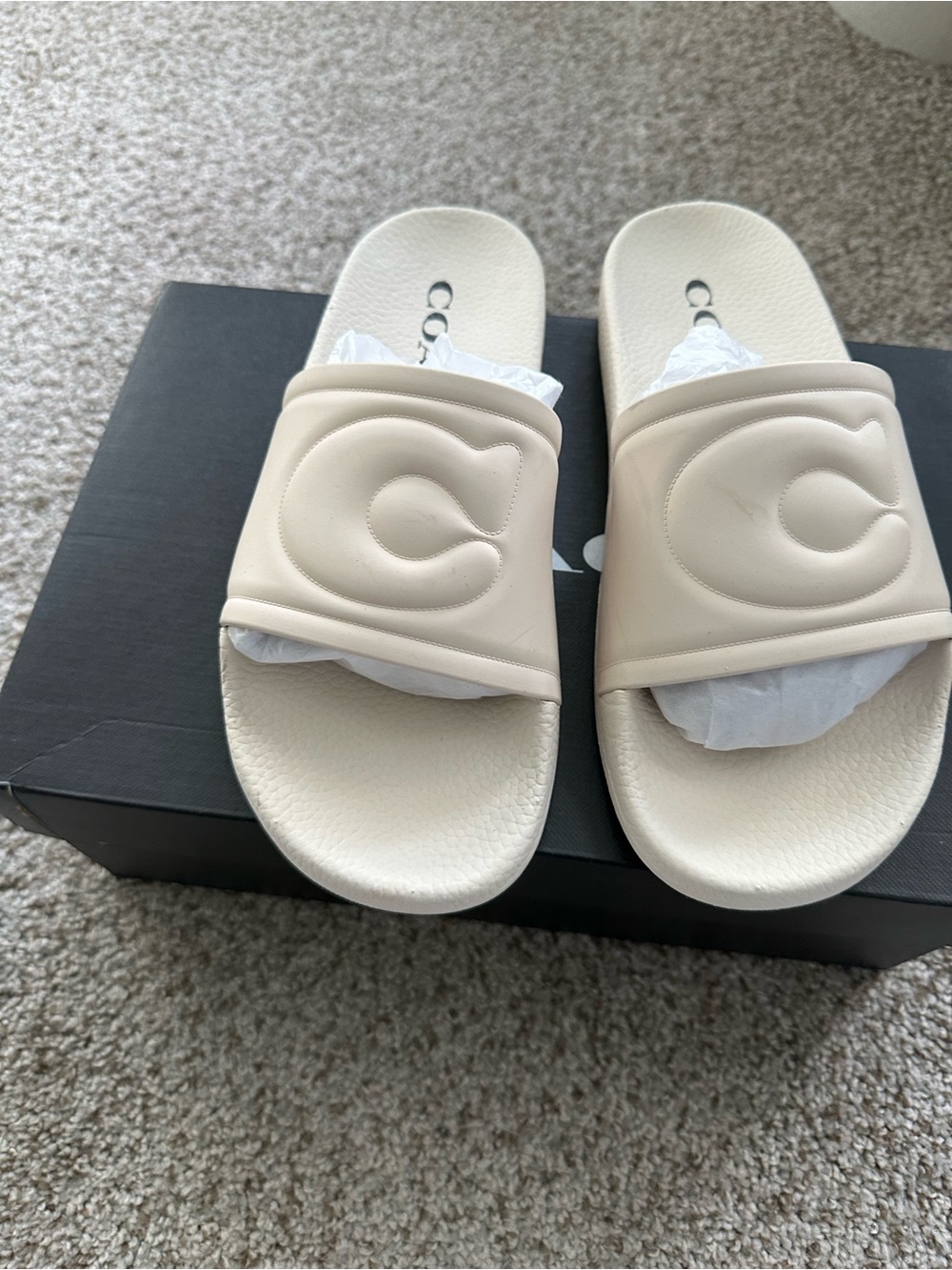 Coach Cream Slide Sandals with Embossed C Logo